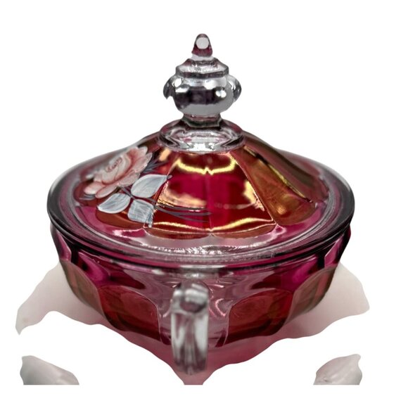 Vintage Westmorland Hand-Painted Ruby Glass Candy Dish Lid Floral Signed 1977 - Picture 3 of 9